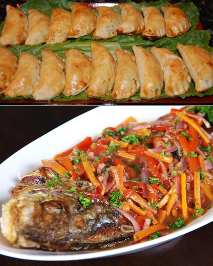 Top, a tray of empanaditas,' below fish 'escabeche' with its sweet-and-sour  Flavor 