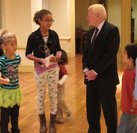 Amb. Jose Cuisia meets with pupils from the Latin American Montessori Bilingual Public Charter School in Washington D.C.  A $1,400 donation was turned over for Haiyan families. Embassy photo by Elmer G. Cato