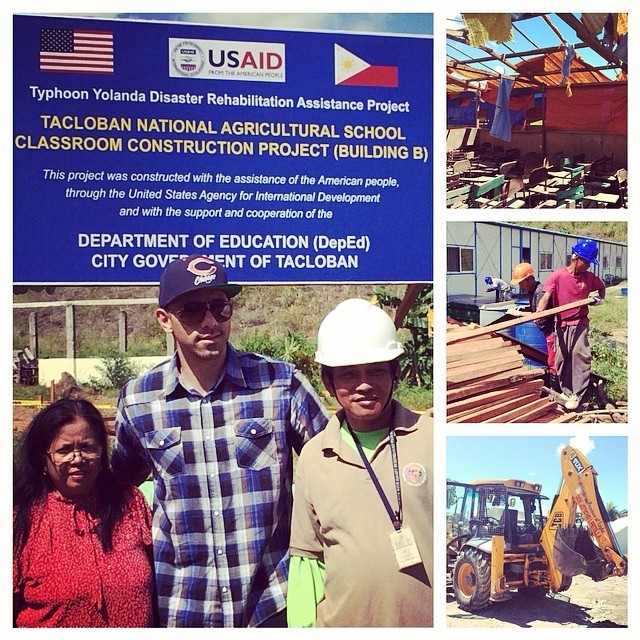 With the Principal and the Foreman of a school torn to shreds being rebuilt by USAID to get the kids back to life again. They said all the books and computers were swept away and they are finding them destroyed all over the place far away.” / From the Instagram of Billy Dec