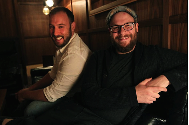 Evan Goldberg (left) and Seth Rogen, co-directors of ‘The Interview,’ during a visit to Boston. Photo by the Boston Globe.