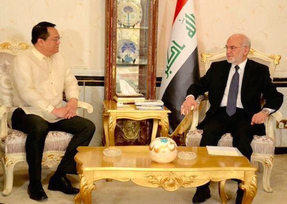 Iraqi Foreign Minister Dr. Ibrahim Al-Jaafari expresses his desire to further expand the level of cooperation between the Philippines and Iraq during a courtesy call by Chargé d’Affaires Elmer G. Cato of the Philippine Embassy in Baghdad. The Philippines and Iraq are commemorating the 40th year of the establishment of diplomatic relations this year.  Photo: Iraqi Ministry of Foreign Affairs 