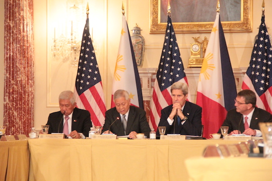 Philippine Foreign Affairs Secretary Albert F. del Rosario delivers his remarks at the opening of the second Philippines-US Two-plus-Two Ministerial Dialogue held at the US Department of State on January 12, 2016.