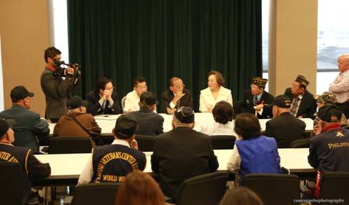 Former President Ramos (third from left) answers veterans questions about their pension plans. With him at the table are Consul General Leo Herrera-Lim and Dr. Jenny Batongmalaque of the Filipino Veterans Foundation