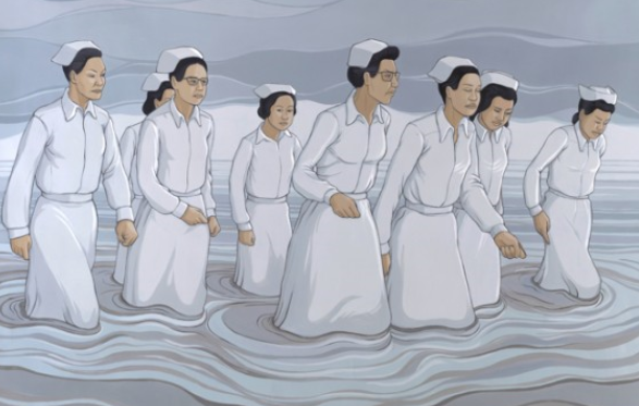 Art work depicting Filipino nurses at Panorama City Branch of the Los Angeles Public Library 