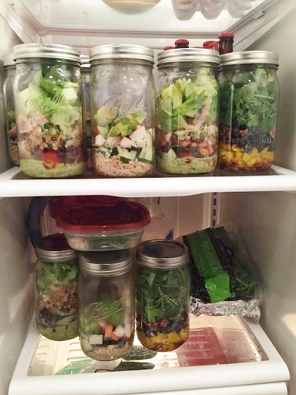 An array of bottled salads at my friend Kim Galanto's fridge: Grab to go