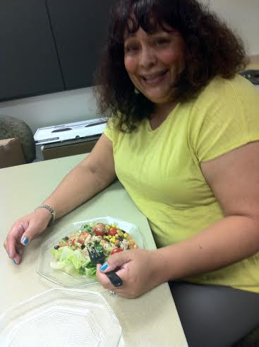 My officemate Patricia Guevara enjoys a portion of my salad