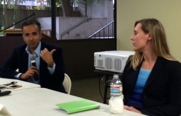 Karthick Ramakrishnan, professor of Political Science from UC Riverside, with Milena Blake of Yes on Prop 47