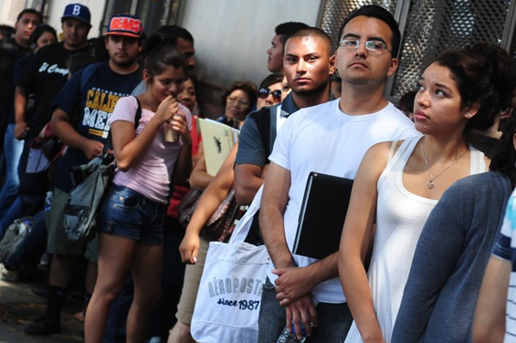 Young people wait in line to enter the office of The Coalition for Humane Immigrant Rights of Los Angeles on the first day of the DACA program in 2012. Photo:  AFP/GettyImages