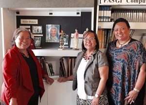 FASGI Executive Director Yey Coronel Alcid (right) welcomes in June  two of  Filipino American Library Board members Carol Ojeda Kimbrough(left) and Cecile Ochoa (center) to the Helen Brown collection at FASGI headquarters in Park View Street, LA.