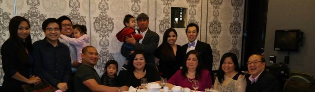 Author's close-knit family  in LA:  
From L ( standing) Melissa Villegas (niece in law),Karl Cheng (son), Steven Cheng (son), Bella Villegas (grand niece/carried baby),Albert Suzara(brother),Tyler Villegas(grand nephew/carried baby),Annie Cheng-Low(daughter), Derrick Low (son in law) seated Angelo Dia(nephew in law), Louie Dia( grand niece), Karen Dia (niece), Arlene Grace Suzara (sister), Jenifer Suzara-Cheng (author) , Alex Cheng (husband). 