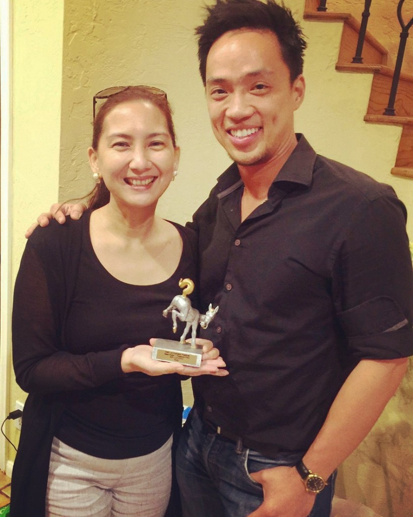 'Toto' film editor  Manet Dayrit  with JP Su and "Best Actor kickass Trophy" for Sid Lucero  from the LA Comedy Festival.  