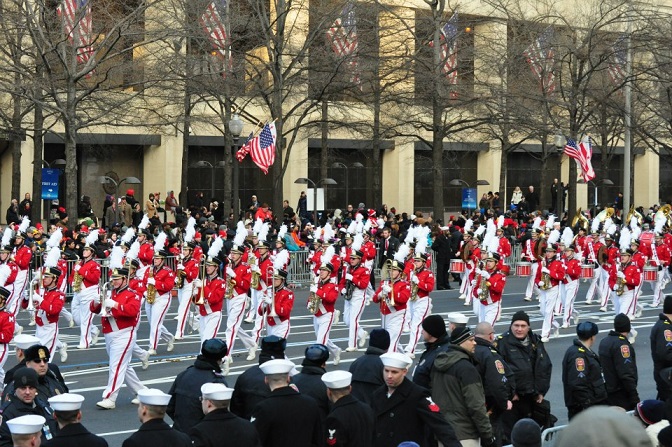 Bands marching, girls dancing at the inaugural parade