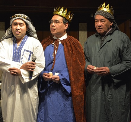 Consul General Mario de Leon, Jr. (center),  Consul Bong Carino (left) and Moises Ocampo of the Philippine Mission to the UN played the Three Wise Men during a ‘Panunuluyan’ reenactment of the first family looking for an inn. The ‘Panunuluyan’ was presented at the Philippine Consulate for nine days before Christmas in place of the traditional Simbang Gabi. 