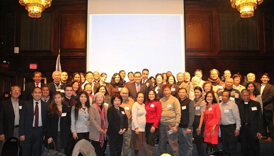 The 50 volunteers who attended the Warden System General Assembly at the Philippine Center, with Consul General Mario de Leon Jr. (center) and Consul Felipe Carino (2nd from left)
