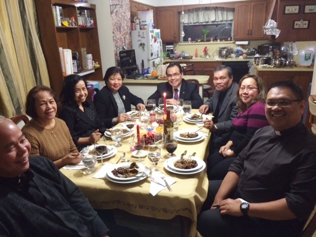 The dinner party with (from left) Msgr. Romualdo Sosing, Marlyn Rosales, Consul General Mario de Leon Jr. and his wife Eleanor, consular staff, Lindy Rosales, and Rev. Adolfo Novio 