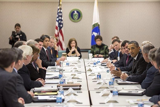 At a meeting with President Obama and CEOs of electric utilities in 2013 to discuss lessons learned from Hurricane Sandy. 