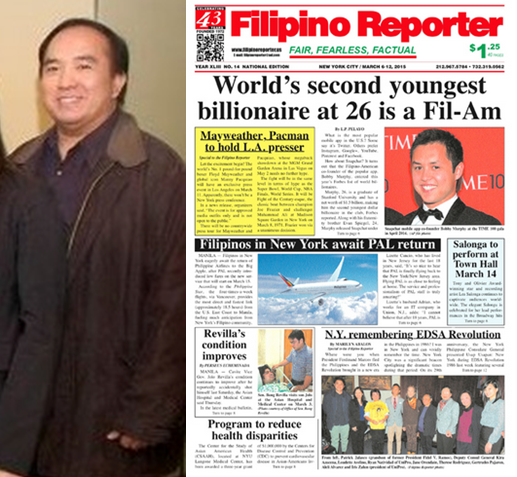 Reporter Edmund Silvestre; front page of the Filipino Reporter