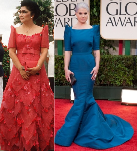 Imelda Marcos in the 1980s; a terno sighting at the Golden Globe with Kelly Osbourne wearing a Zac Posen design. 