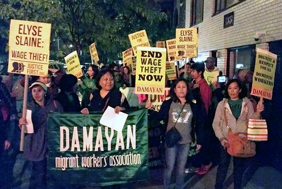 A rally in support of domestic worker Marichu De Sesto outside her former employer’s Park Avenue apartment building. Photo: Damayan