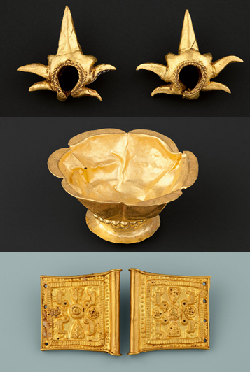 Part of the exhibit are 10th to 13th century objects such as (from top) ear ornaments, a goblet and belt buckles. Photos: Asia Society