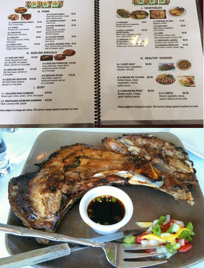 Top, Kabayan’s menu; below, ‘inihaw na panga’ is Tito Rad’s flagship dish. Yelp photo by Tony Y.