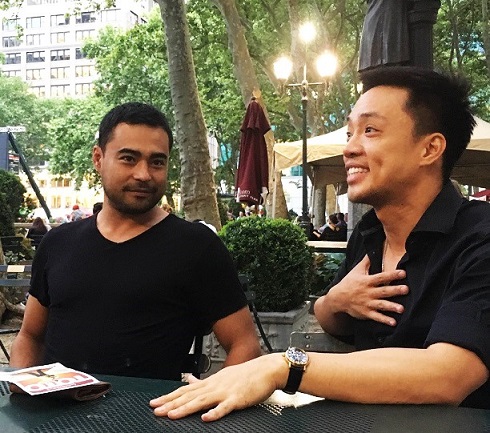 At Bryant Park, actor Sid Lucero (left) and director John Paul Su sit down with members of the Fil-Am Press Club of New York. Photo by Lenn Almadin Thornhill.