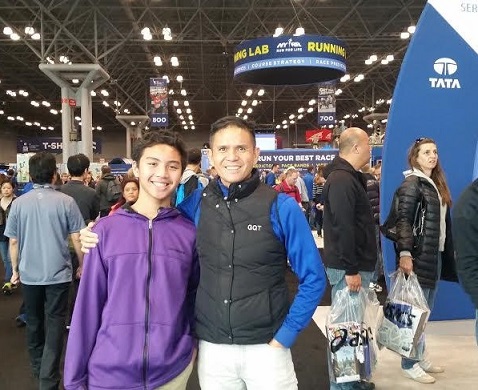At the Marathon Expo at Javits Center with son Guthrie in 2015