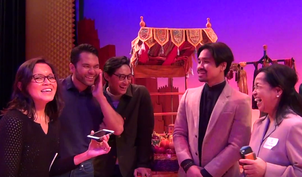 From left, Bobby Pestka, Joshua Dela Cruz and Angelo Soriano being interviewed by The FilAm and Makilala TV’s Jen Furer at the New Amsterdam Theatre.