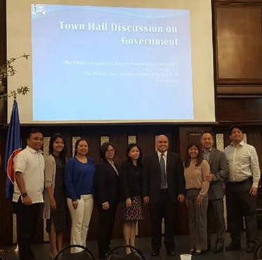 Panel speakers Rose Cuison Villazor  and Andrew Villacastin (3rd and 4th from right) with Consul General Theresa Dizon-De Vega and officers of the Philippine Consulate and FALA New York after the program.  Photo by Grace Labaguis