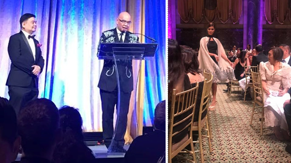 At the Unity Gala, organizers Edwin Josue (left) and Jerry Sibal express their thanks; a fashion show delights guests. Photos by Ledy Almadin