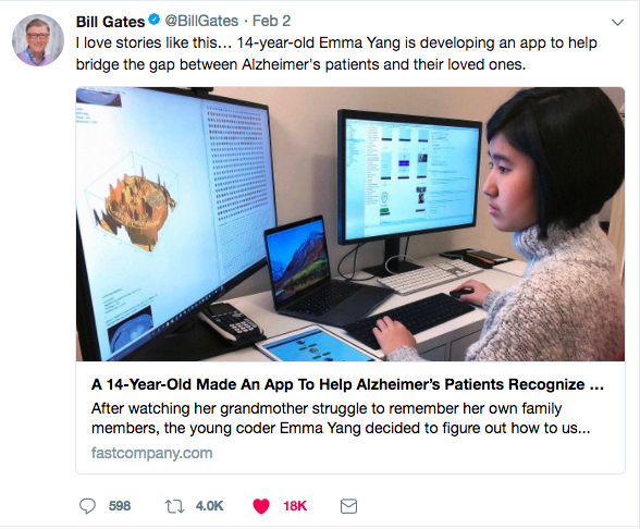 Bill Gates tweets about Emma Yang’s remarkable story. The Fast Company website provided the link to Sincerely, Hueman where the teen coder was interviewed.