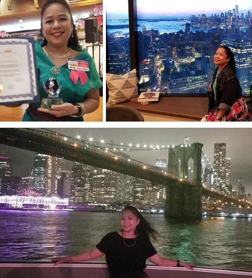 Elizabeth receiving a community award, enjoying the Manhattan skyline at dusk, and relaxing on a Hudson River cruise. 