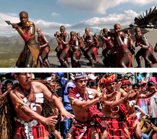 The Wakandan warriors’ costumes (top) were inspired in part by Ifugao and African tribal clothing.