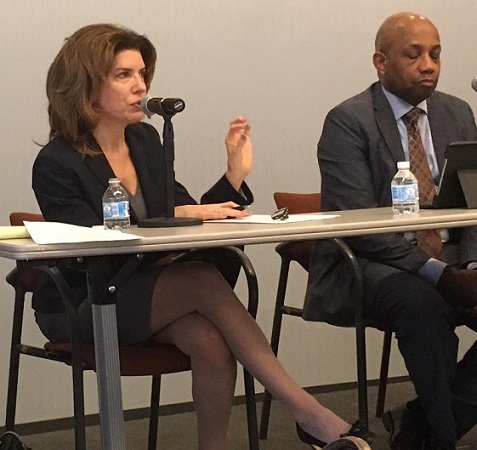 Julie Menin speaking before the community and ethnic media at the Craig Newmark Graduate School of Journalism at CUNY. To her left is moderator Errol Louis. The FilAm Photo